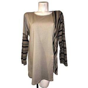 Chalet Women's Taupe Striped Sleeve Asymmetrical Tunic Top Size L Made in USA